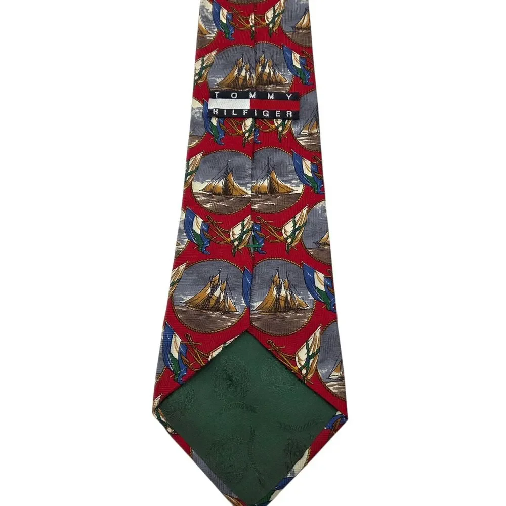 Vintage Tommy Hilfiger Mens Silk Tie Red Nautical Sailboat Ship Flag Made In USA
